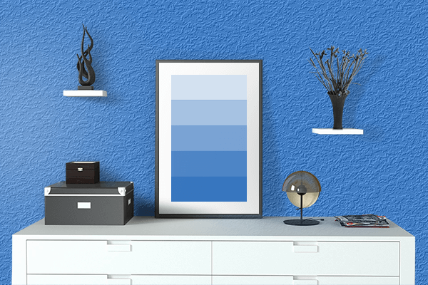 Pretty Photo frame on Bayside Blue color drawing room interior textured wall