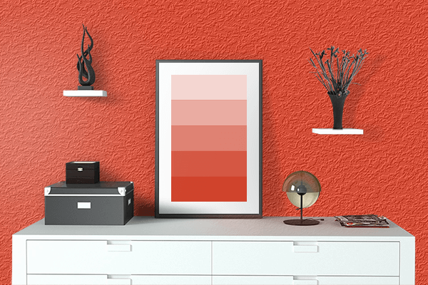 Pretty Photo frame on Fire Red color drawing room interior textured wall