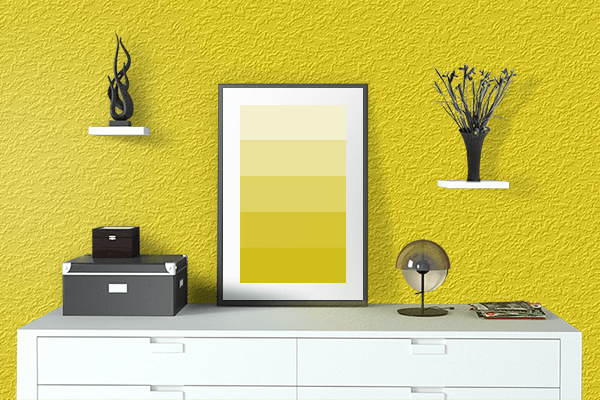Pretty Photo frame on Philippine Golden Yellow color drawing room interior textured wall