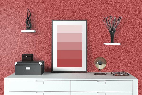 Pretty Photo frame on Kokam Red color drawing room interior textured wall