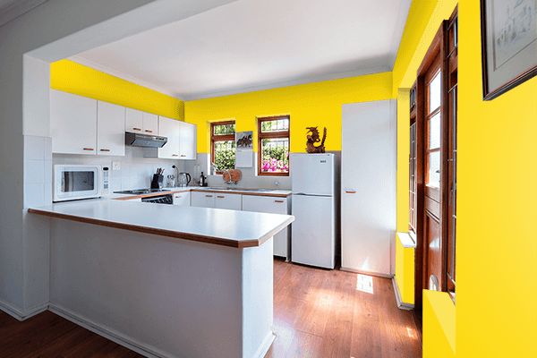 Pretty Photo frame on Brilliant Yellow color kitchen interior wall color