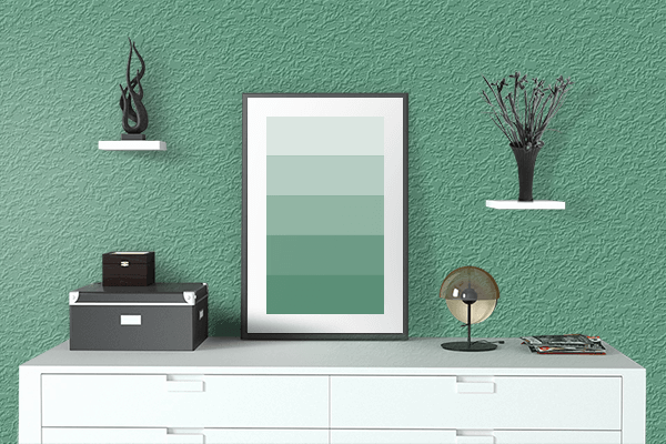 Pretty Photo frame on Green Spruce color drawing room interior textured wall