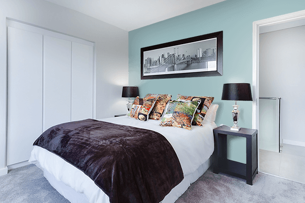 Pretty Photo frame on Jade Blue color Bedroom interior wall color