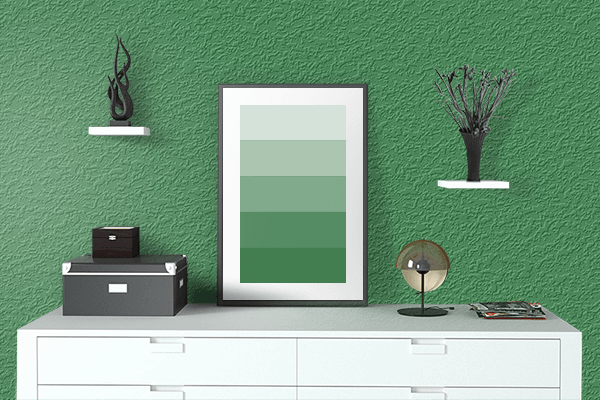 Pretty Photo frame on Original Green color drawing room interior textured wall