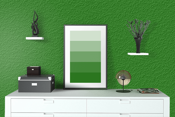 Pretty Photo frame on Intense Peacock Green color drawing room interior textured wall