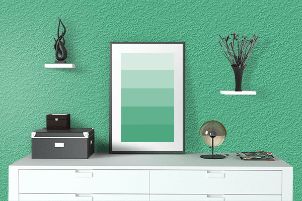 Pretty Photo frame on Malachite Green color drawing room interior textured wall