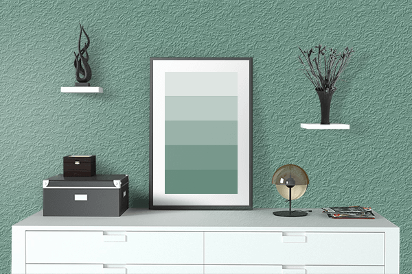 Pretty Photo frame on Cyprus Green color drawing room interior textured wall