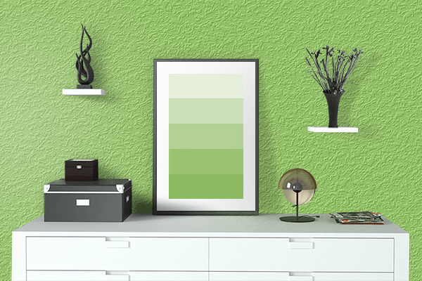 Pretty Photo frame on Young Green color drawing room interior textured wall