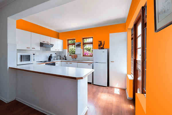 Pretty Photo frame on Safety Orange color kitchen interior wall color