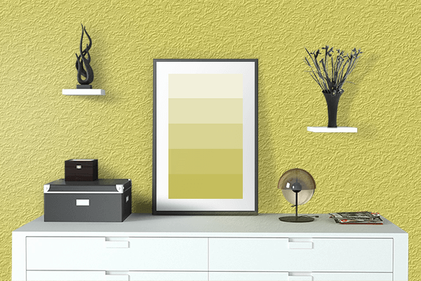 Pretty Photo frame on Citron Yellow color drawing room interior textured wall