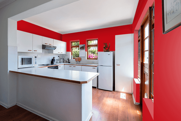 Pretty Photo frame on Intense Red color kitchen interior wall color