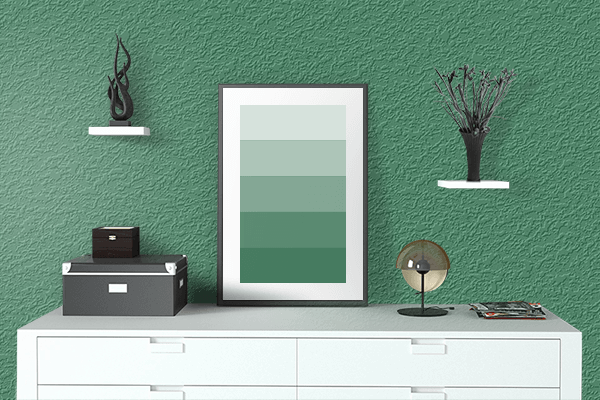 Pretty Photo frame on Adamite Green color drawing room interior textured wall