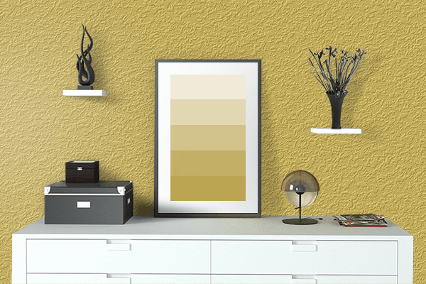 Pretty Photo frame on Burnt Yellow color drawing room interior textured wall