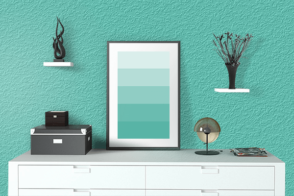 Pretty Photo frame on Bay Green color drawing room interior textured wall