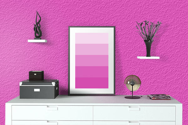 Pretty Photo frame on Neon Pink color drawing room interior textured wall