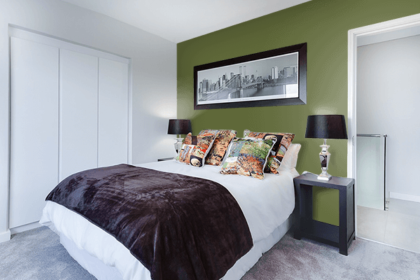 Pretty Photo frame on Cedar Green color Bedroom interior wall color