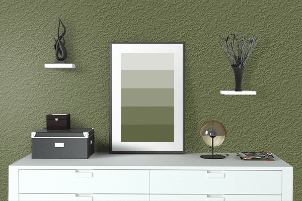 Pretty Photo frame on Cedar Green color drawing room interior textured wall