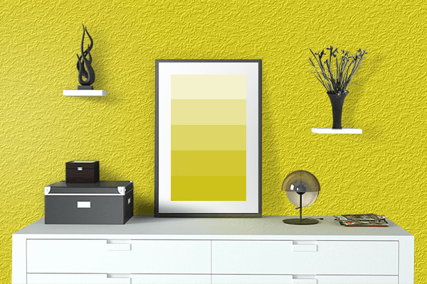 Pretty Photo frame on Process Yellow (Pantone) color drawing room interior textured wall