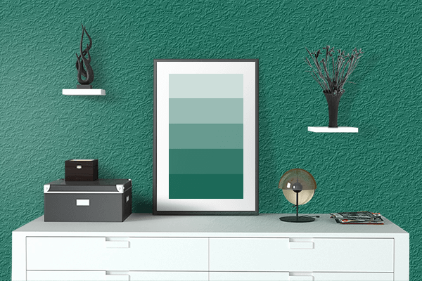 Pretty Photo frame on Supreme Green color drawing room interior textured wall
