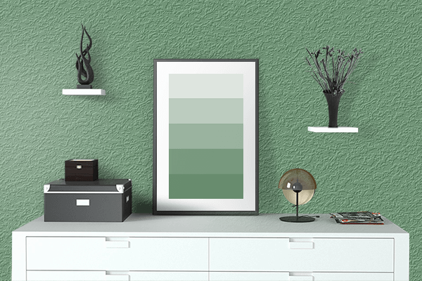 Pretty Photo frame on Rosemary Green color drawing room interior textured wall