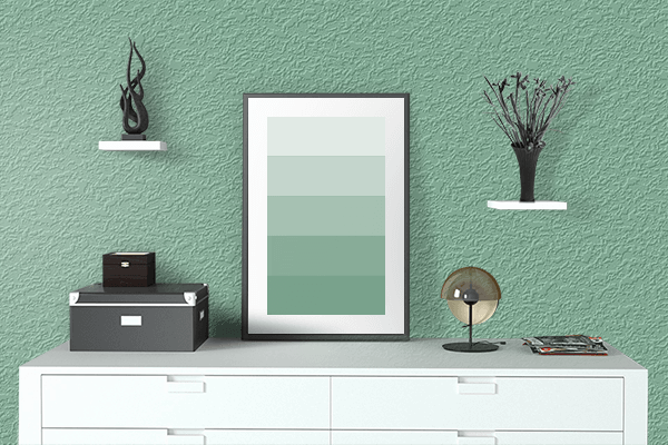 Pretty Photo frame on Water Green color drawing room interior textured wall