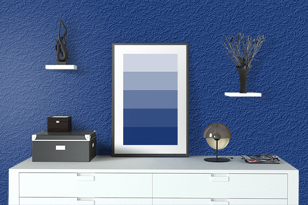 Pretty Photo frame on Hyundai Blue color drawing room interior textured wall