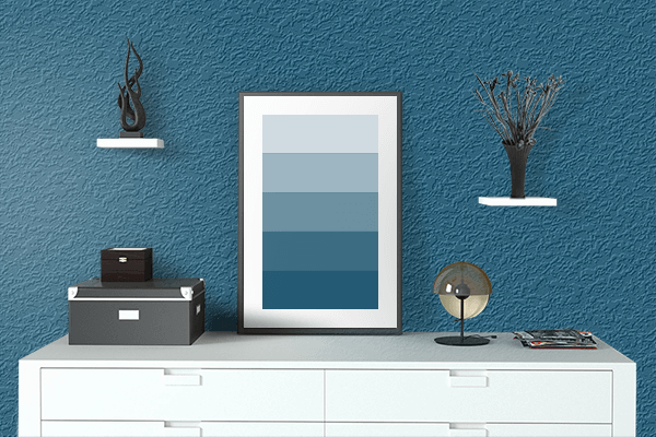 Pretty Photo frame on Petrol Blue color drawing room interior textured wall