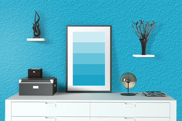 Pretty Photo frame on Cisco Blue color drawing room interior textured wall