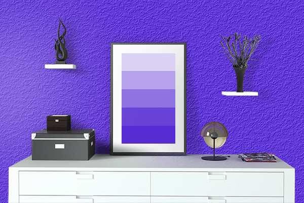 Pretty Photo frame on Chinese Purple color drawing room interior textured wall