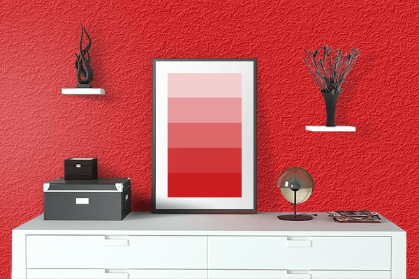 Pretty Photo frame on Strong Red color drawing room interior textured wall