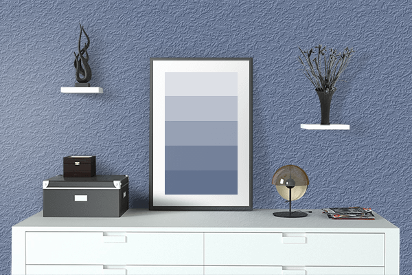 Pretty Photo frame on Cashmere Blue color drawing room interior textured wall