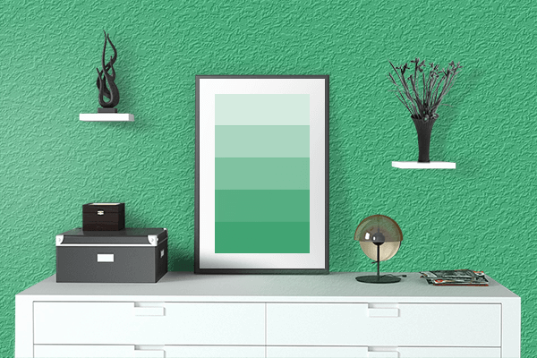 Pretty Photo frame on Bolt Green color drawing room interior textured wall