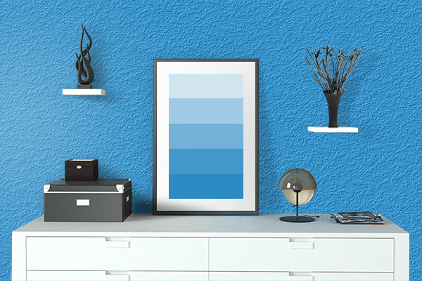 Pretty Photo frame on Fashion Sky Blue color drawing room interior textured wall