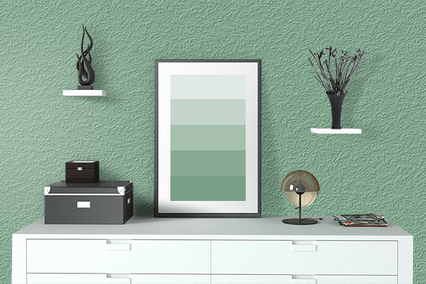 Pretty Photo frame on Polar Green color drawing room interior textured wall