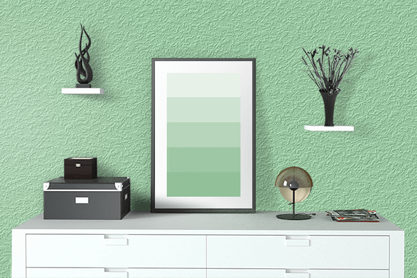 Pretty Photo frame on Love Green color drawing room interior textured wall