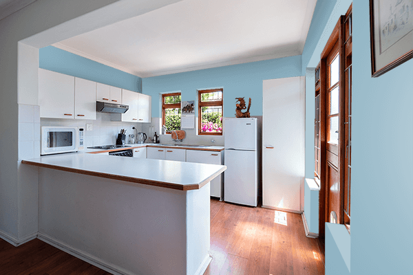Pretty Photo frame on Bermuda Blue color kitchen interior wall color