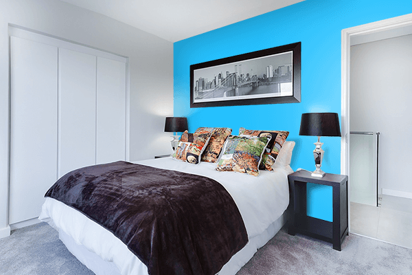 Pretty Photo frame on Neon Aqua Blue color Bedroom interior wall color