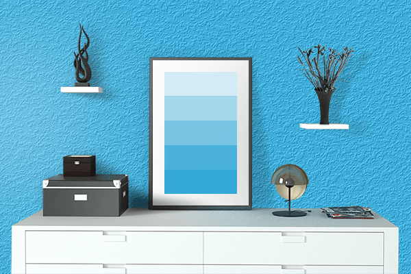 Pretty Photo frame on Neon Aqua Blue color drawing room interior textured wall