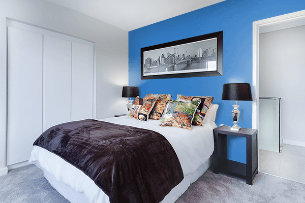 Pretty Photo frame on Mediterranean Blue color Bedroom interior wall color