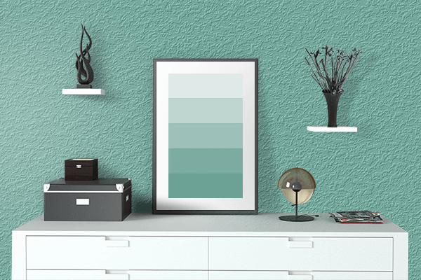 Pretty Photo frame on Glacial Green color drawing room interior textured wall