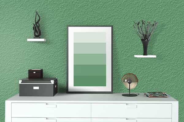 Pretty Photo frame on Mosaic Green color drawing room interior textured wall