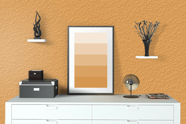 Pretty Photo frame on Romantic Orange color drawing room interior textured wall