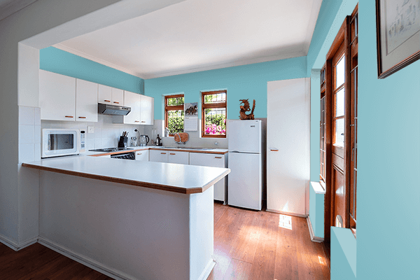 Pretty Photo frame on Culinary Blue color kitchen interior wall color