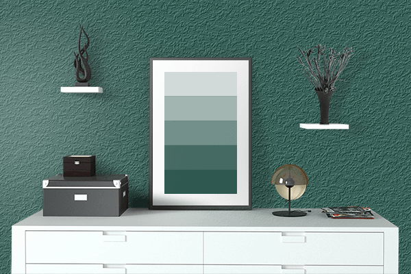 Pretty Photo frame on Alpine Green color drawing room interior textured wall