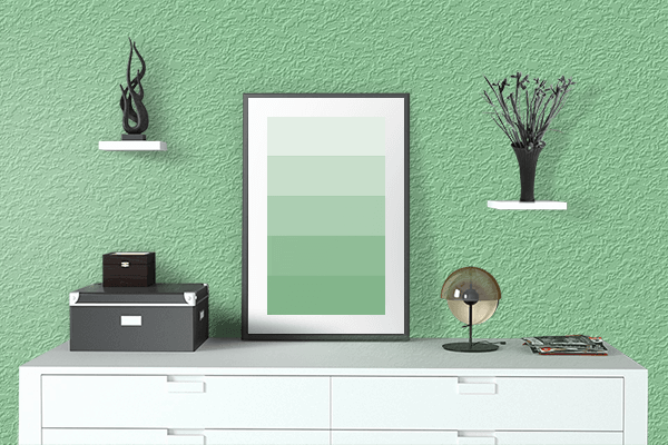 Pretty Photo frame on Romantic Green color drawing room interior textured wall