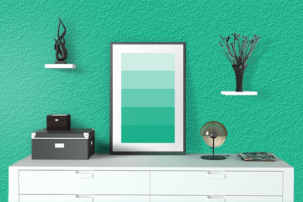 Pretty Photo frame on Caribbean Green (Crayola) color drawing room interior textured wall