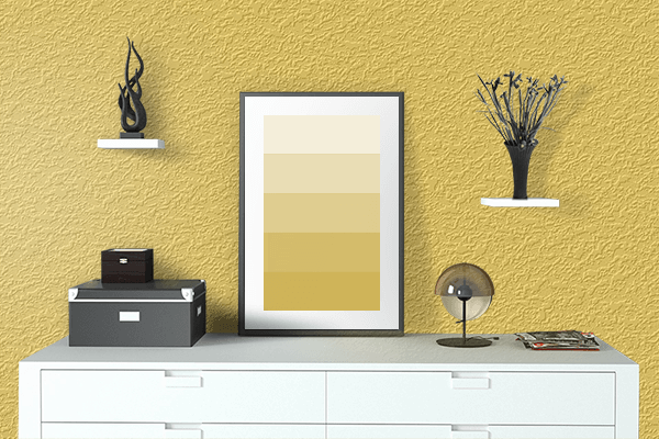 Pretty Photo frame on Primrose Yellow color drawing room interior textured wall