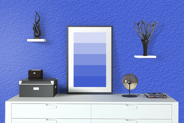 Pretty Photo frame on Blue Bolt color drawing room interior textured wall