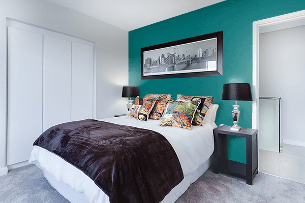 Pretty Photo frame on Active Turquoise color Bedroom interior wall color