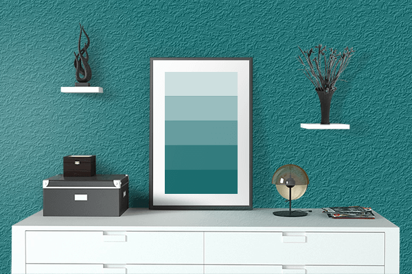 Pretty Photo frame on Active Turquoise color drawing room interior textured wall